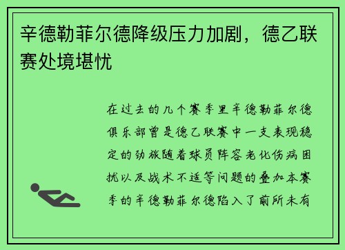 辛德勒菲尔德降级压力加剧，德乙联赛处境堪忧